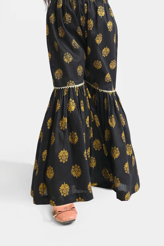 Girls Cotton Printed Gharara-BLACK