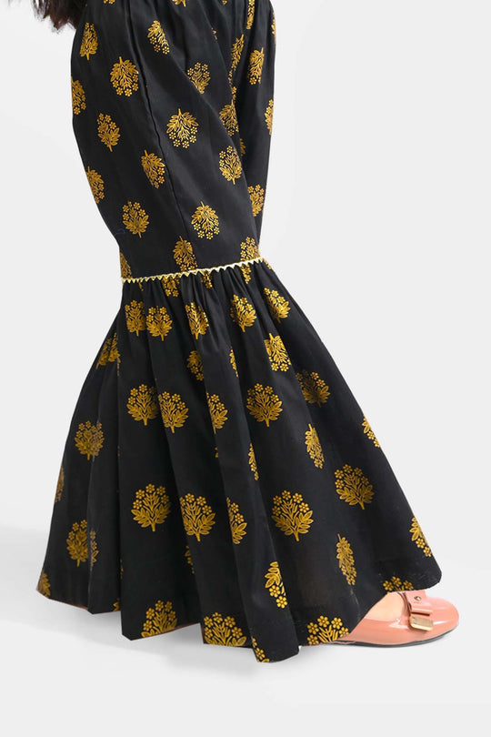 Girls Cotton Printed Gharara-BLACK