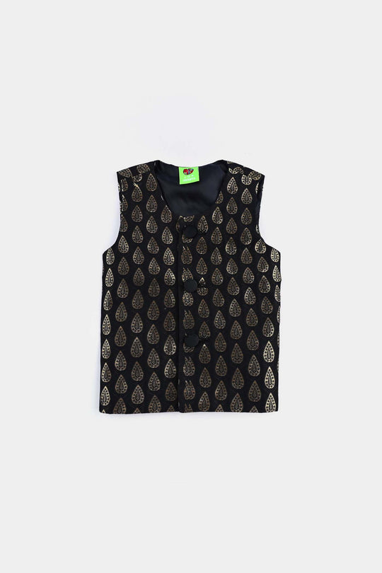 Infant Poly Viscose Waist coat (Golden Motif)-BLACK