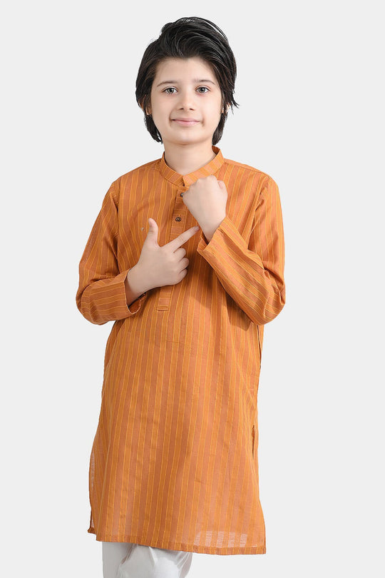 Boys Jacquard Kurta (Running Stitch)-BROWN