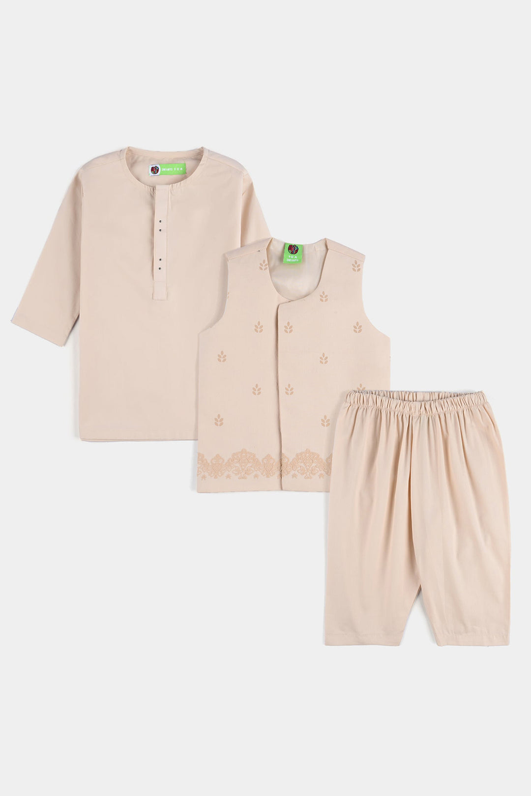 Infant Boys Cotton Poplin 3 Piece Suit (Puff Print)-BEIGE