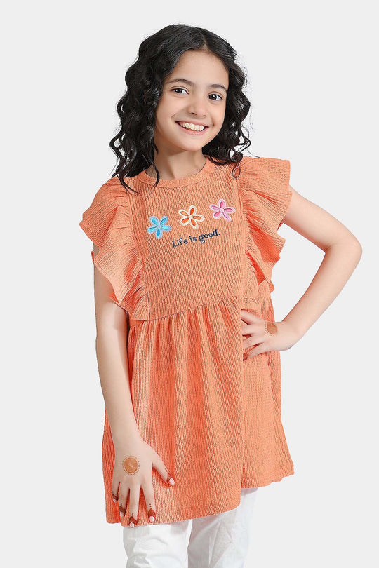 Girls Jacquard Jersey Frock Floral-ORANGE