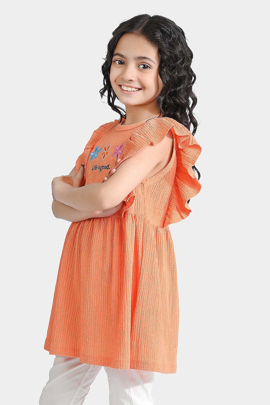 Girls Jacquard Jersey Frock Floral-ORANGE