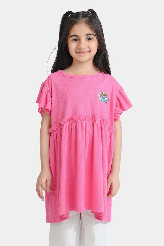 Girls Jacquard Jersey Frock Enjoy The Little Thing-Pink