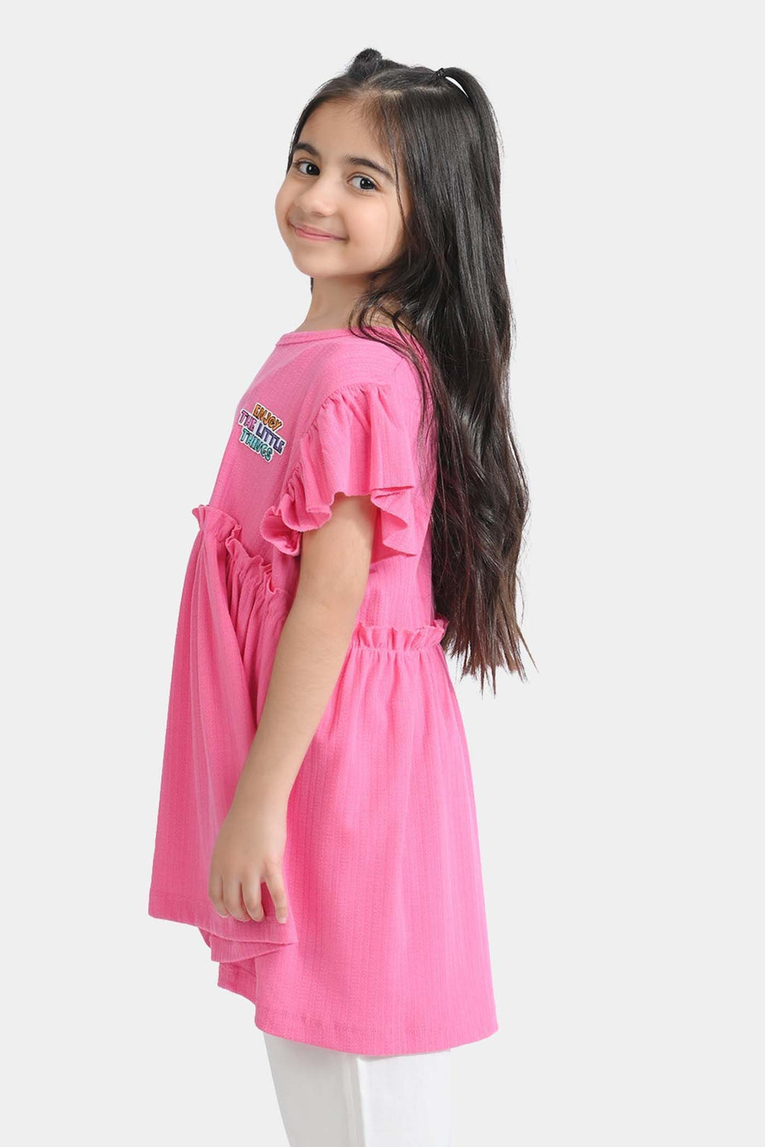 Girls Jacquard Jersey Frock Enjoy The Little Thing-Pink