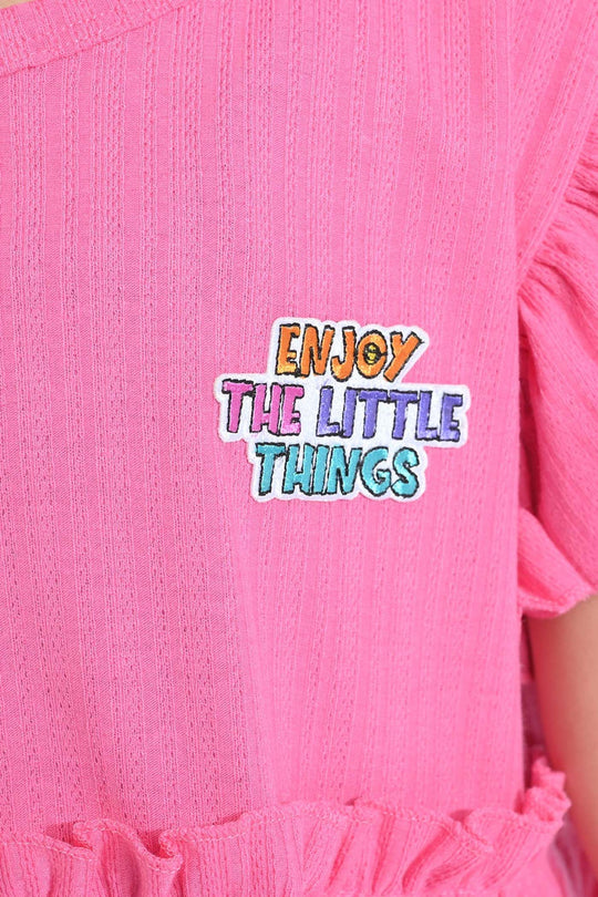 Girls Jacquard Jersey Frock Enjoy The Little Thing-Pink
