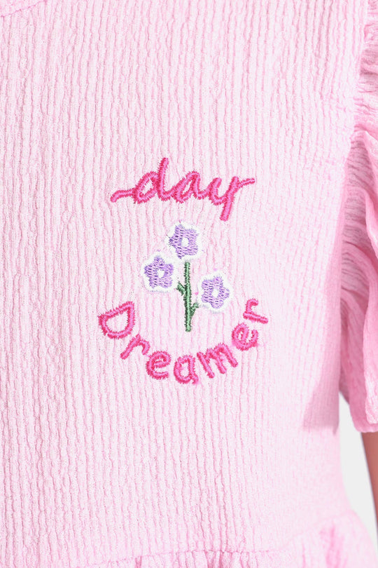 Girls Poly Crinkle Frock Hello Summer-Pink