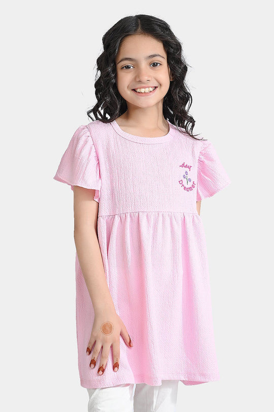 Girls Poly Crinkle Frock Hello Summer-Pink
