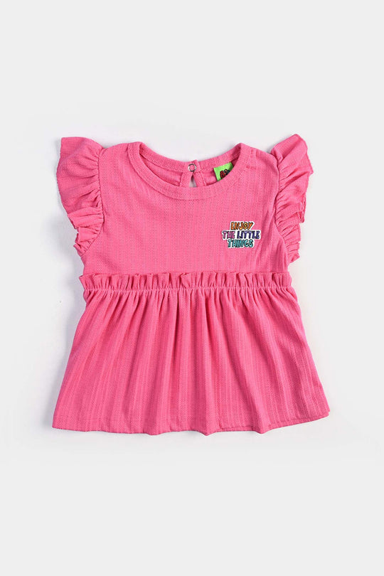 Infant Girls Jacquard Jersey Frock Enjoy The Little Thing-Pink
