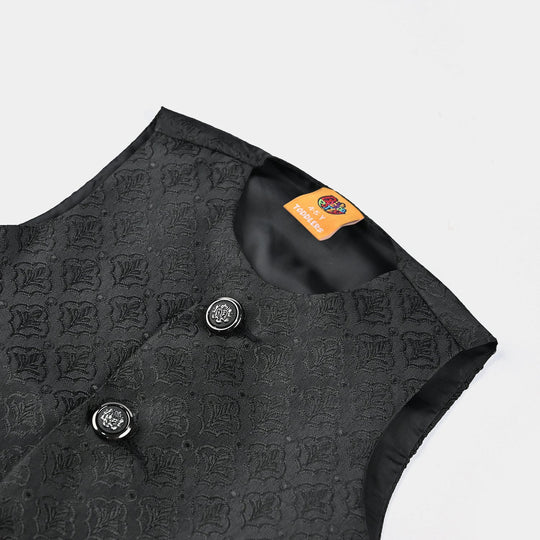 Boys Poly Viscose Waistcoat (Self Textured)-BLACK