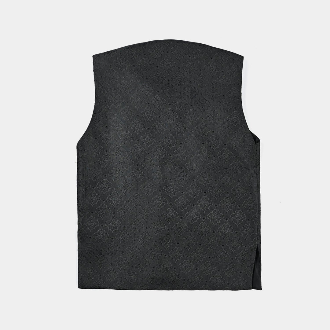 Boys Poly Viscose Waistcoat (Self Textured)-BLACK