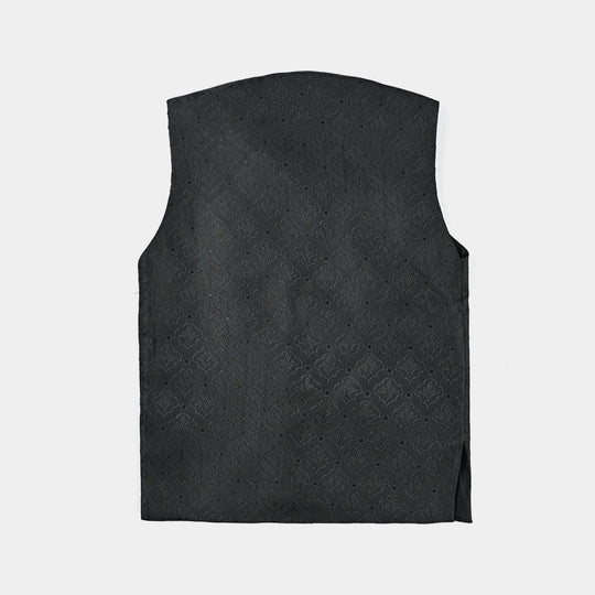 Boys Poly Viscose Waistcoat (Self Textured)-BLACK