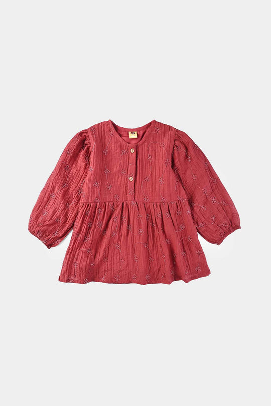 Girls Chiffon Emb Top Spray Rose-MAROON