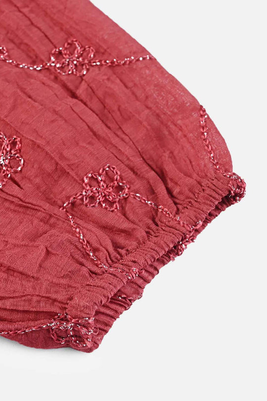 Girls Chiffon Emb Top Spray Rose-MAROON