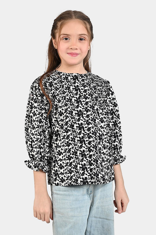 Girls Cotton Poplin Casual Top Black &White Flowers