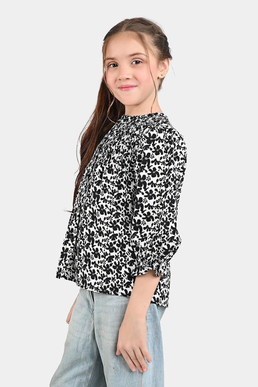 Girls Cotton Poplin Casual Top Black &White Flowers