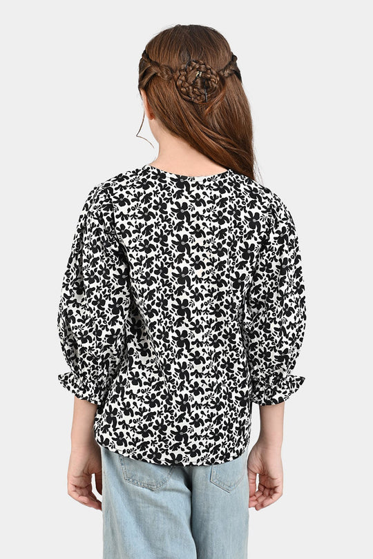 Girls Cotton Poplin Casual Top Black &White Flowers