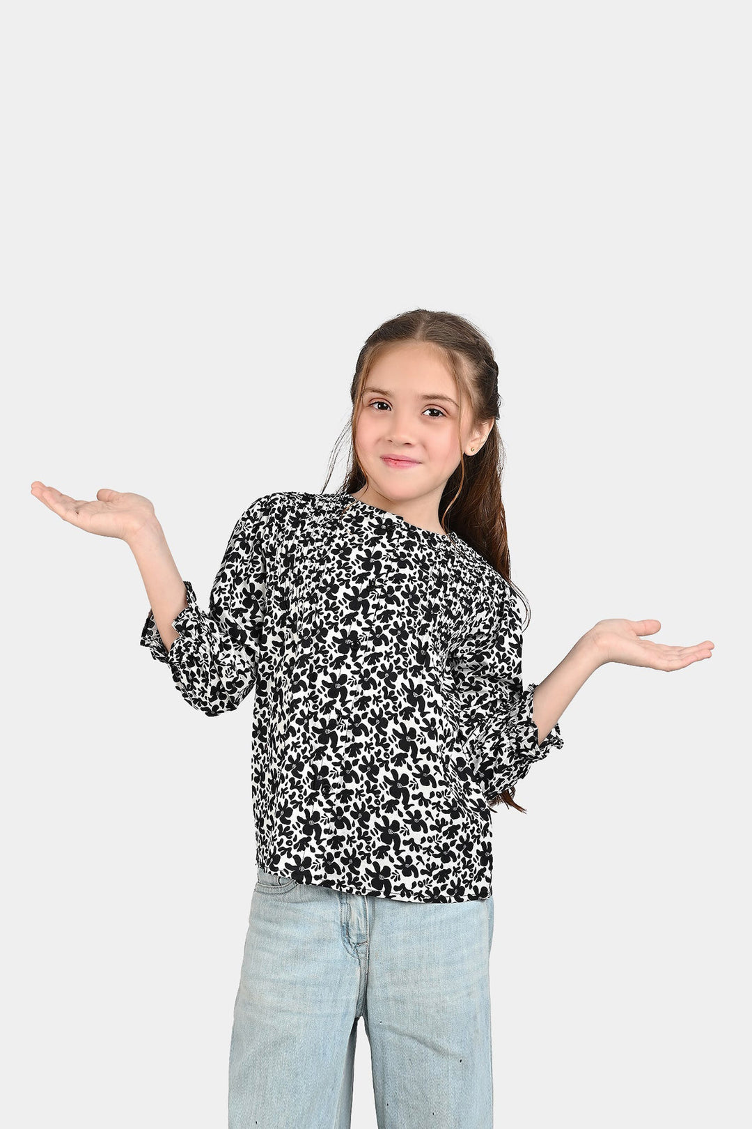 Girls Cotton Poplin Casual Top Black &White Flowers