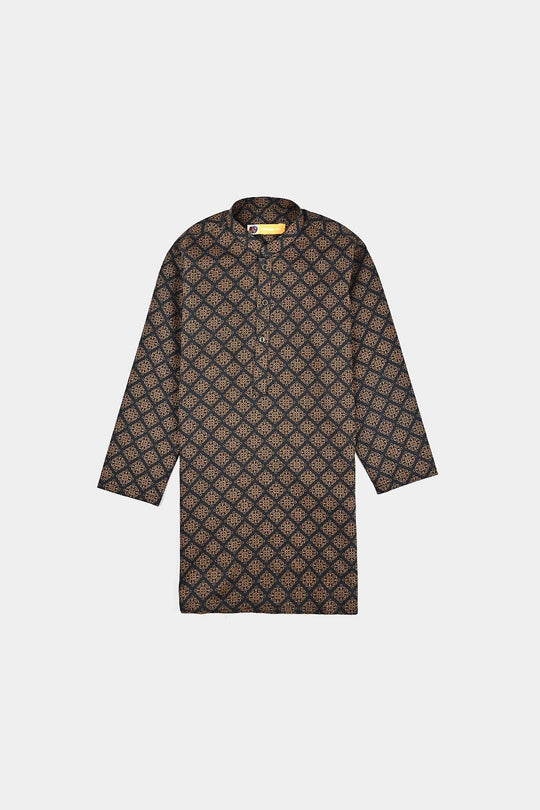 Boys Cotton Slub Printed Kurta (Indi Motif) -BLACK