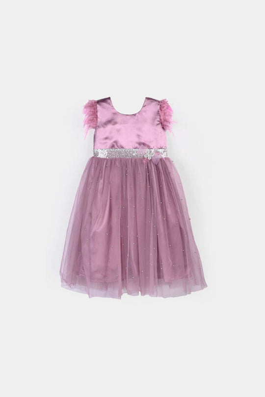 Girls Net Fancy Frock Feather Pearls-PURPLE