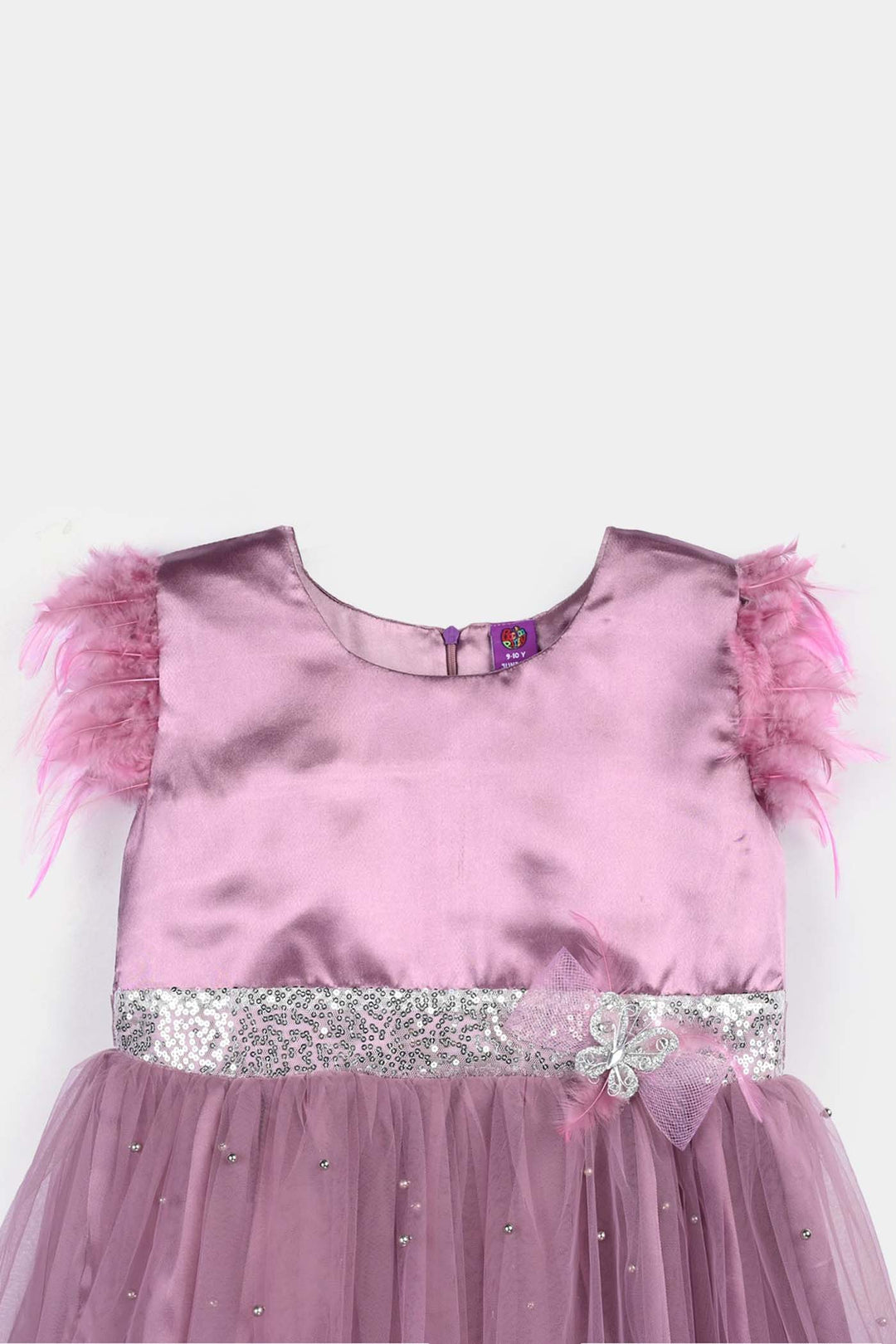 Girls Net Fancy Frock Feather Pearls-PURPLE