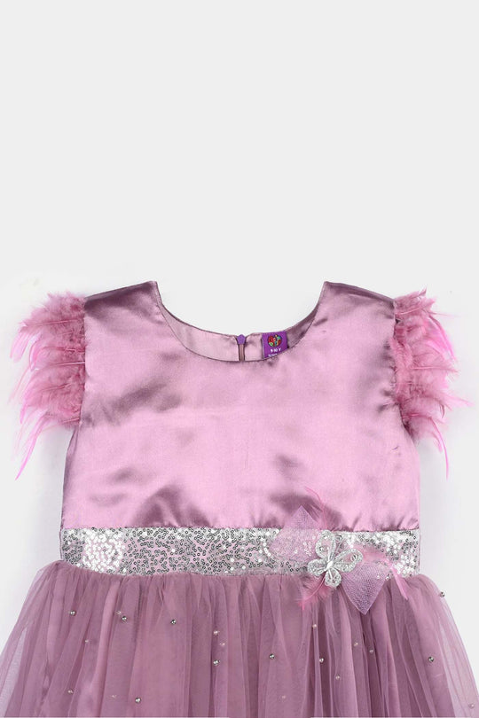 Girls Net Fancy Frock Feather Pearls-PURPLE