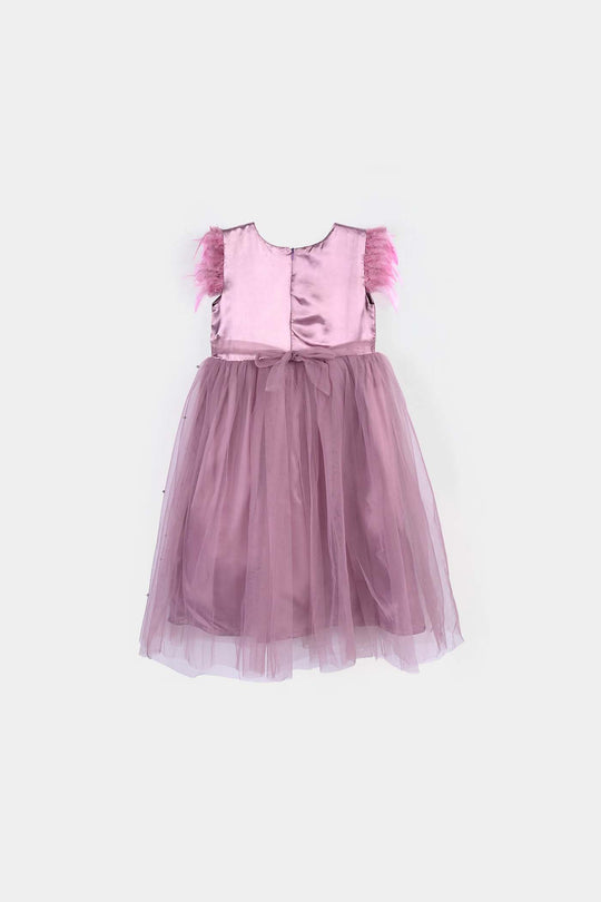 Girls Net Fancy Frock Feather Pearls-PURPLE
