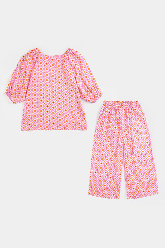 Girls Cotton Viscose Co-Ord Set Mosaic-PINK