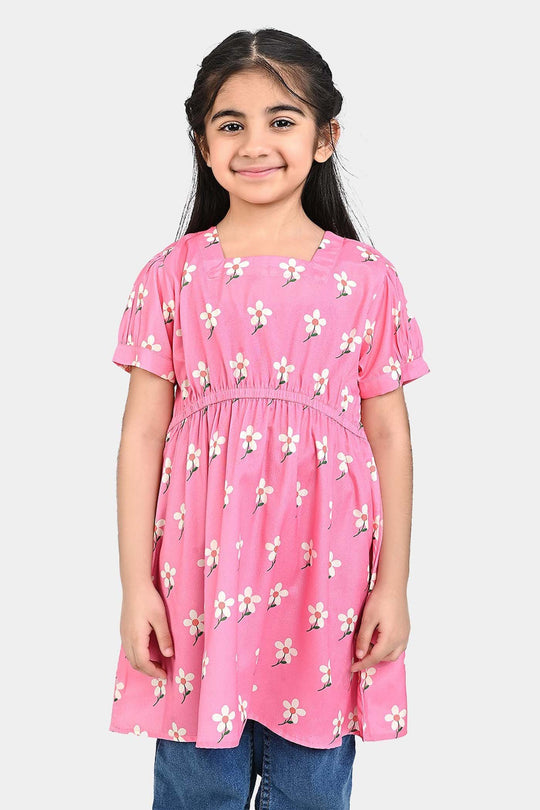 Girls Poly Cambric Casual Frock Daffodils-PINK