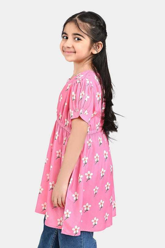 Girls Poly Cambric Casual Frock Daffodils-PINK
