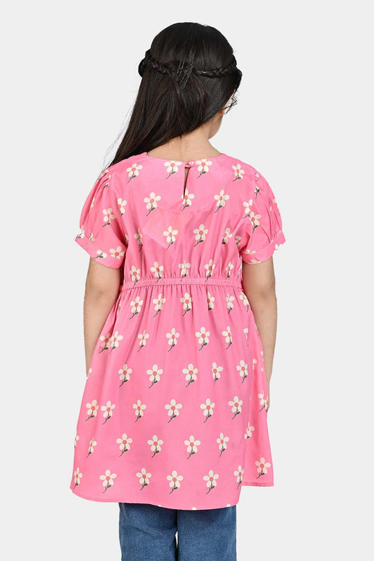 Girls Poly Cambric Casual Frock Daffodils-PINK