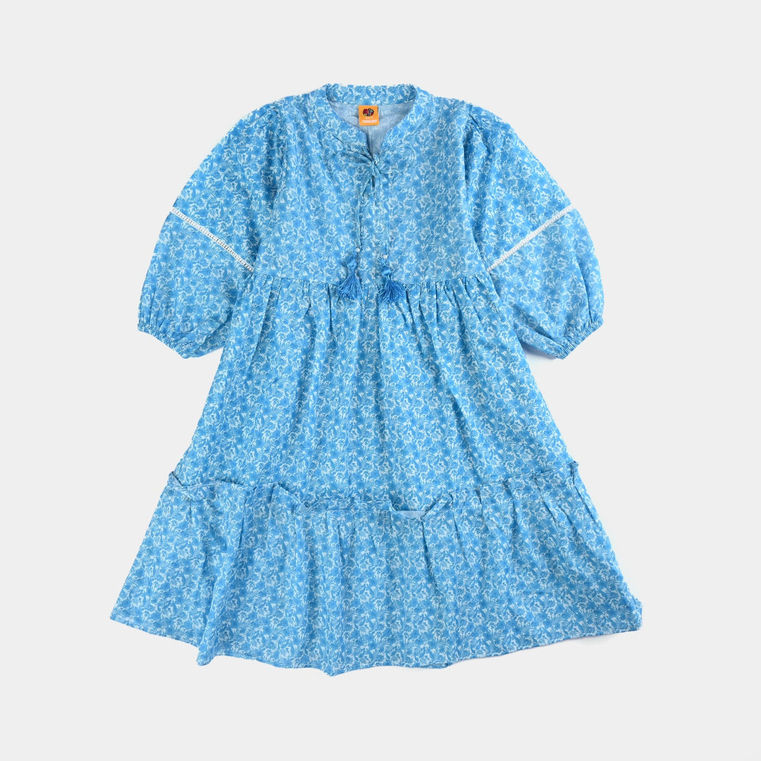 Girls Cotton Poplin Long Dress Blue Floral