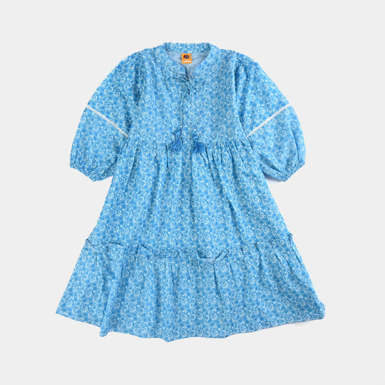 Girls Cotton Poplin Long Dress Blue Floral