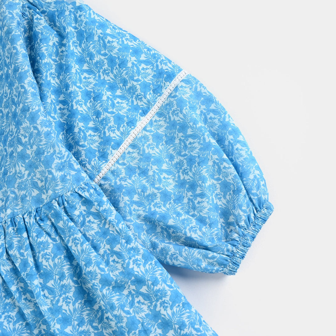 Girls Cotton Poplin Long Dress Blue Floral