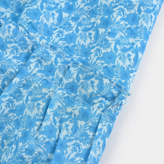 Girls Cotton Poplin Long Dress Blue Floral