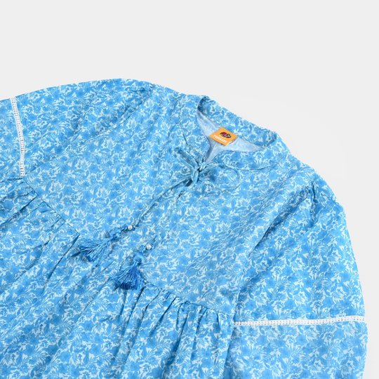 Girls Cotton Poplin Long Dress Blue Floral