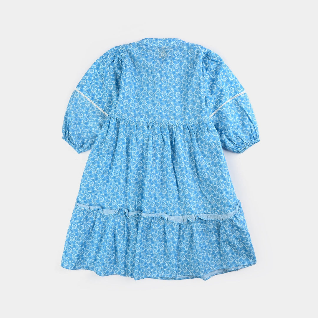 Girls Cotton Poplin Long Dress Blue Floral