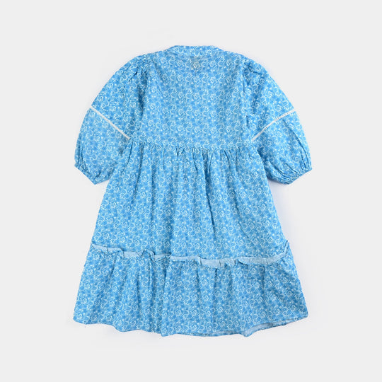 Girls Cotton Poplin Long Dress Blue Floral