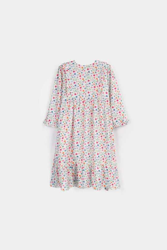 Girls poly cambric Long Dress White Floral-WHITE