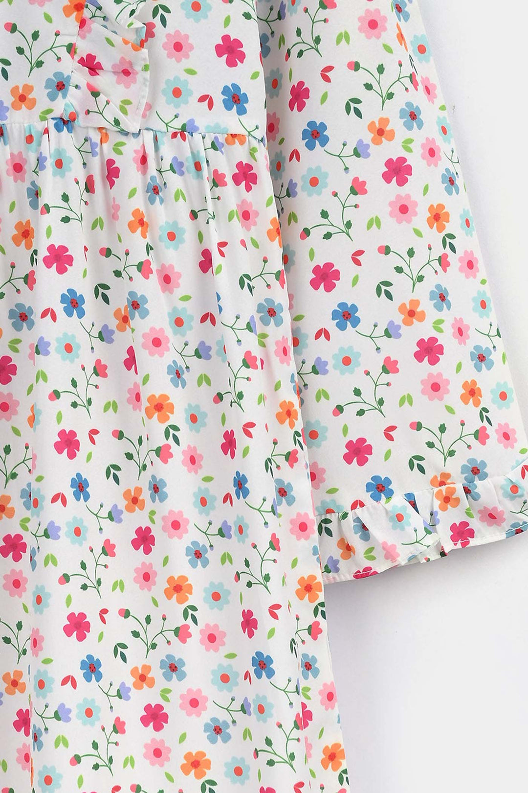 Girls poly cambric Long Dress White Floral-WHITE