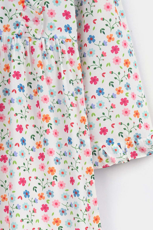 Girls poly cambric Long Dress White Floral-WHITE