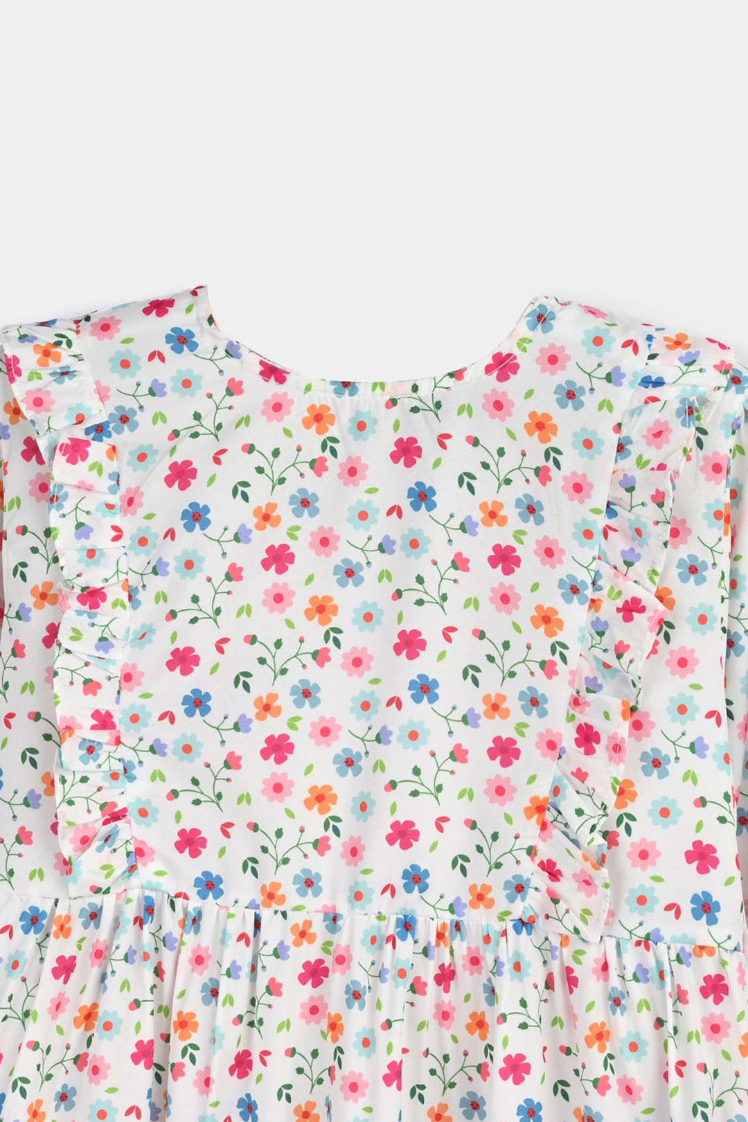 Girls poly cambric Long Dress White Floral-WHITE