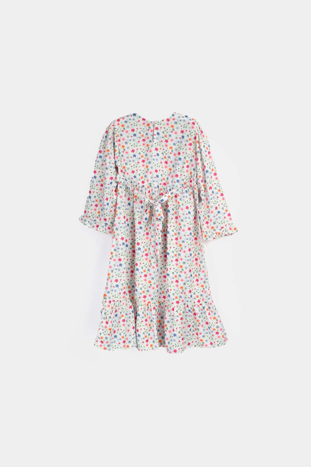 Girls poly cambric Long Dress White Floral-WHITE