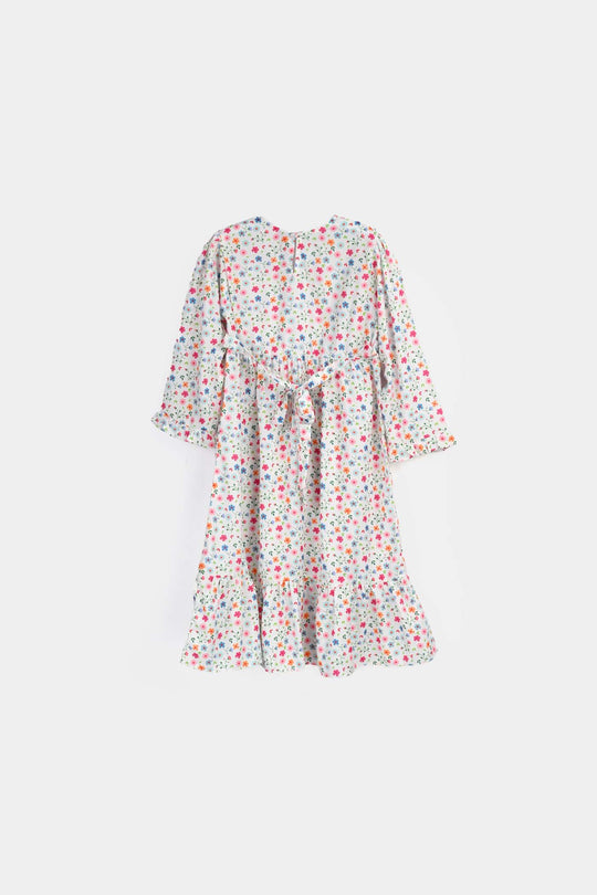 Girls poly cambric Long Dress White Floral-WHITE
