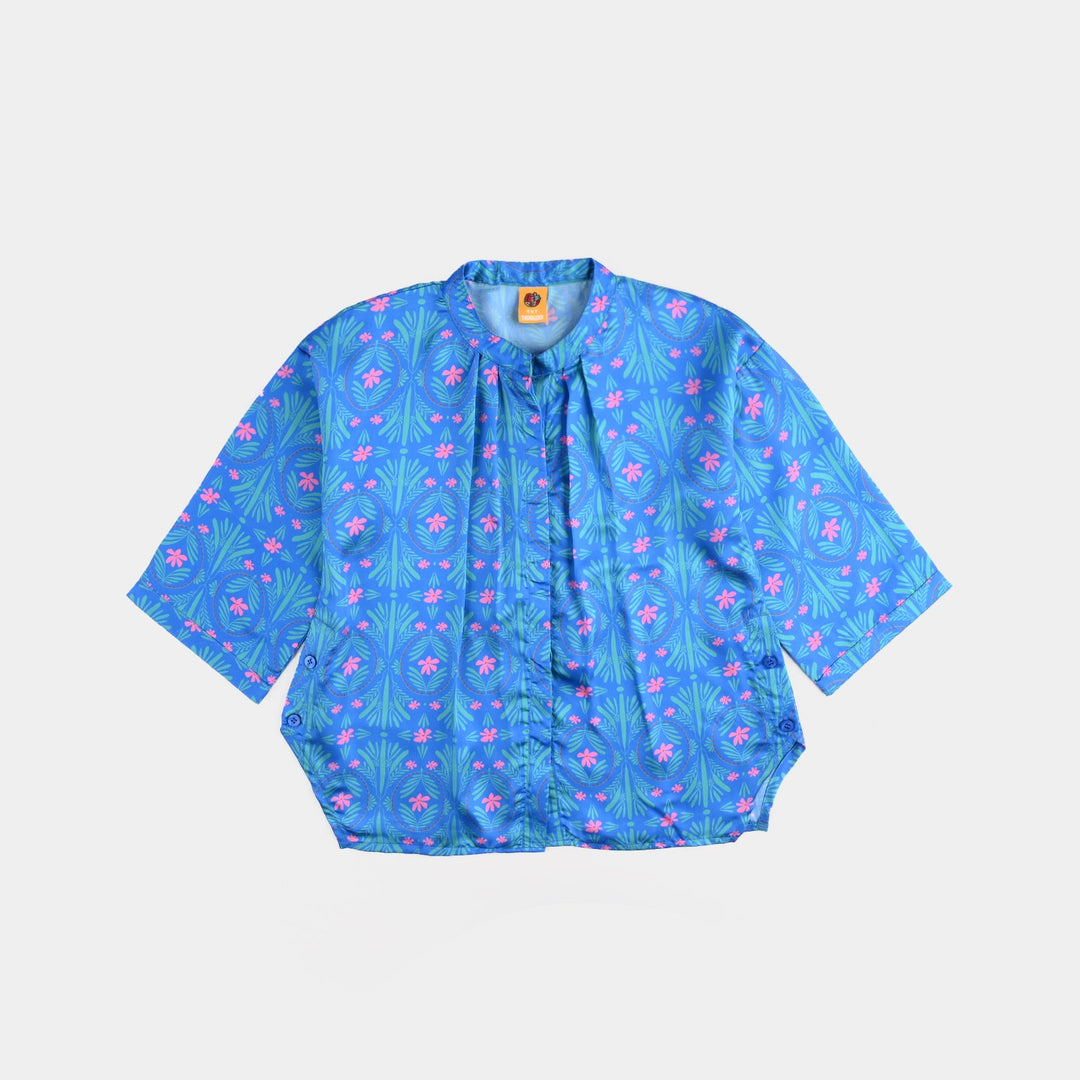 Girls Poly Cambric Casual Top Tropical-Blue