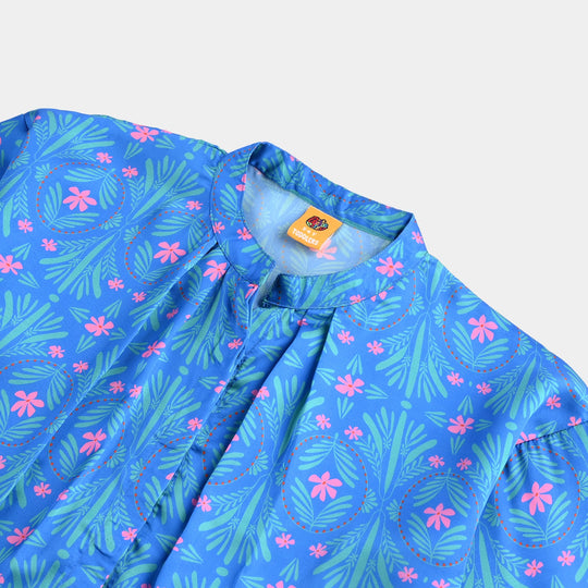 Girls Poly Cambric Casual Top Tropical-Blue