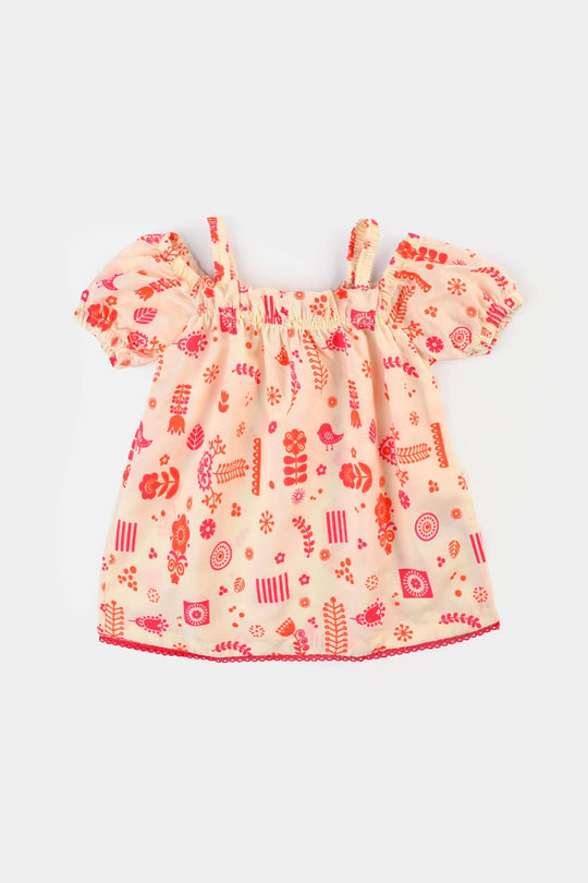 Infant Girls poly cambric Printed 2Pcs Little Doodles-Cream