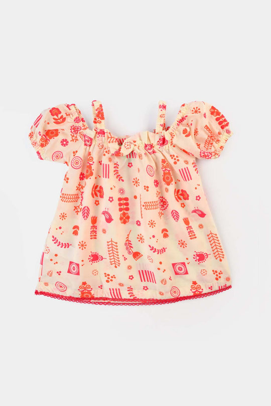 Infant Girls poly cambric Printed 2Pcs Little Doodles-Cream