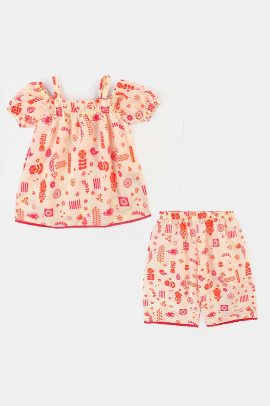Infant Girls poly cambric Printed 2Pcs Little Doodles-Cream