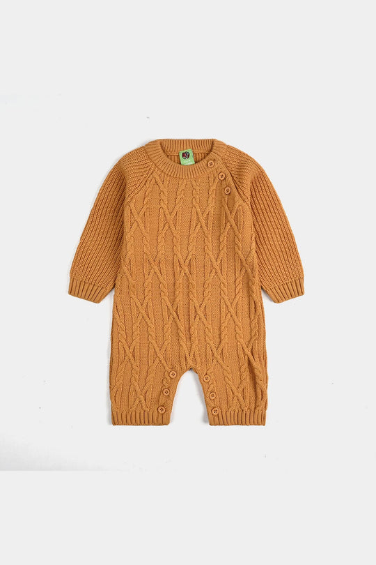Infant Boys Acrylic Romper W/Cap-Bold Cable-Mustard